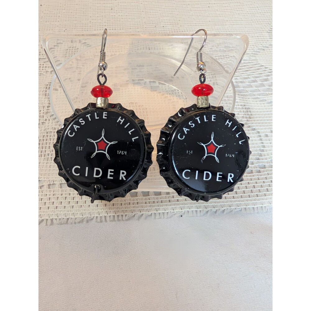 Castle Hill Cider Upcycled Bottle Cap Dangle Earrings, Red Glass Accent Bead